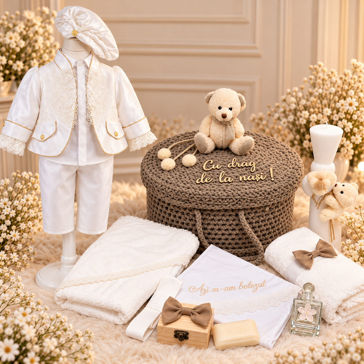 Set botez băiețel nuanțe de maro cu alb ursuleț  ( Trusou+ lumânare+ Costum)