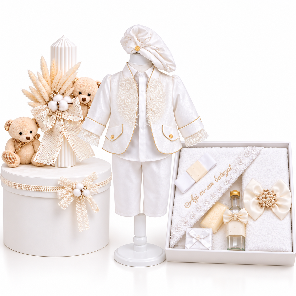 Set botez băiețel alb urs( Trusou+ lumânare+ Costum)