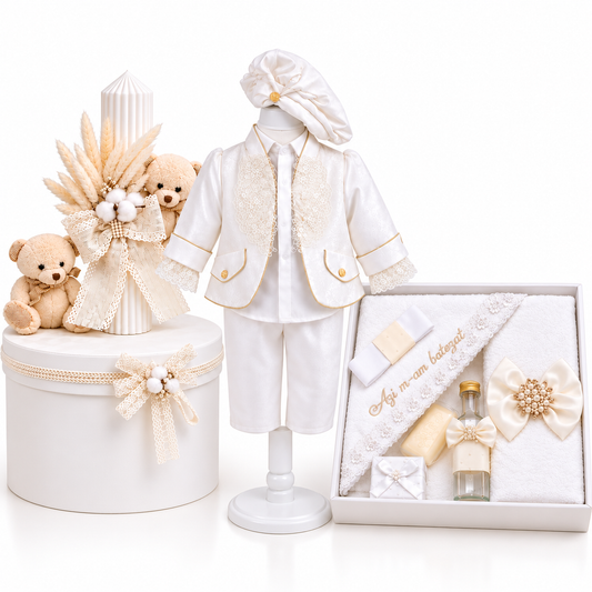 Set botez băiețel alb urs( Trusou+ lumânare+ Costum)