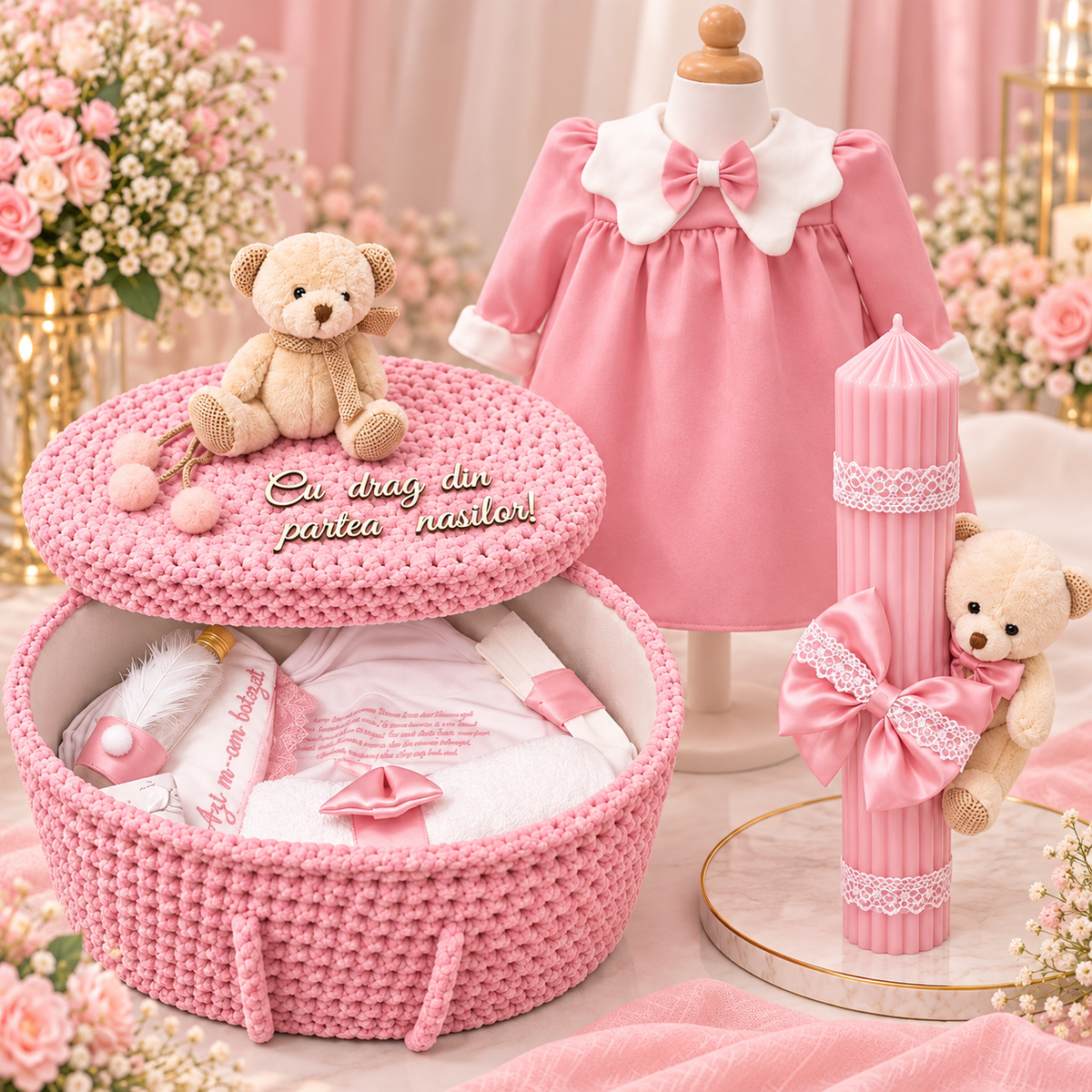 Set botez fetita ursuleț -  Trusou+ lumânare+ rochița