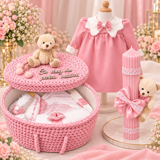 Set botez fetita ursuleț -  Trusou+ lumânare+ rochița