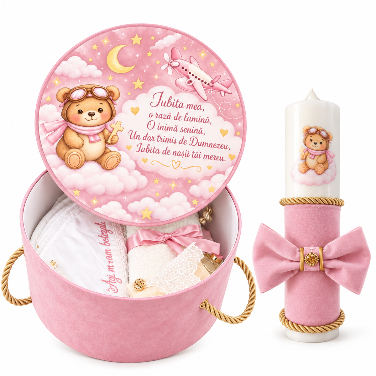 Set botez roz  ursuleț cu norișori