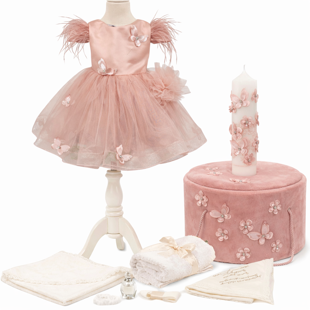 Set botez fetita roz pudra cu fluturi