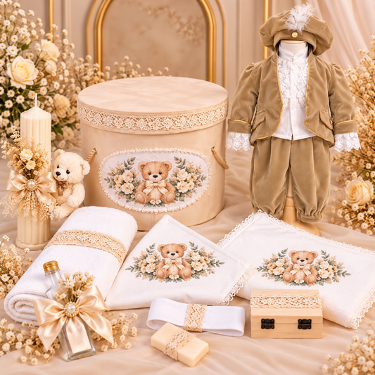 Set botez băiețel ursuleț crem (Trusou+ lumânare+ Costum)