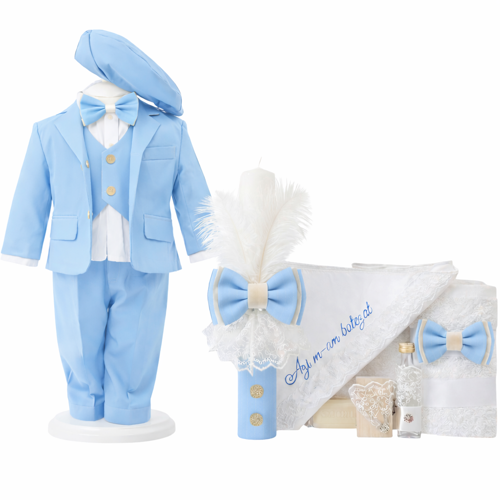 Set botez baietel albastru (costumaș 6 piese ,trusou si lumnare )