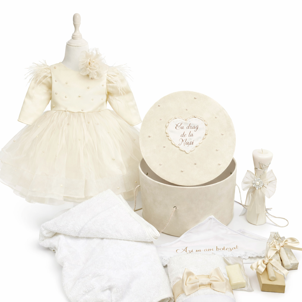 Set botez fetita crem cu perle