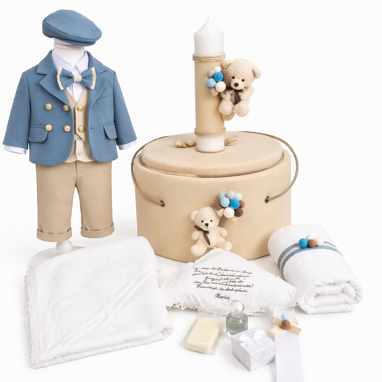 Set botez baietel turcoaz cu crem ursulet