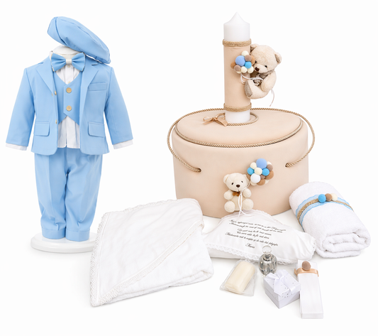 Set botez baietel albastru cu crem ursulet