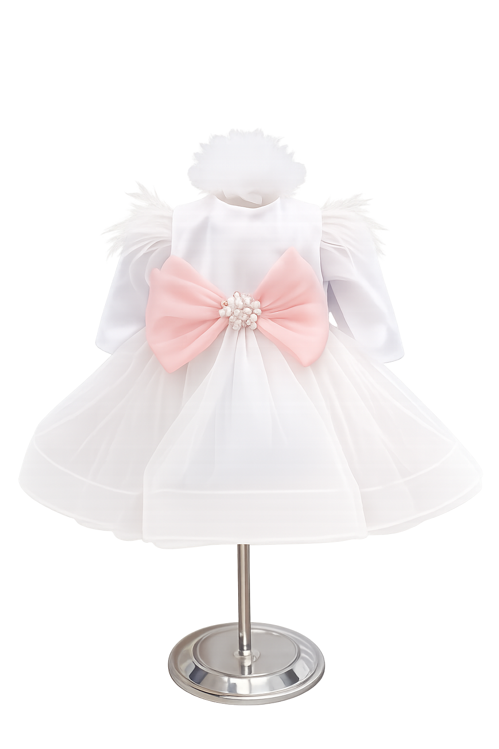 Rochie alba cu funda roz pudra