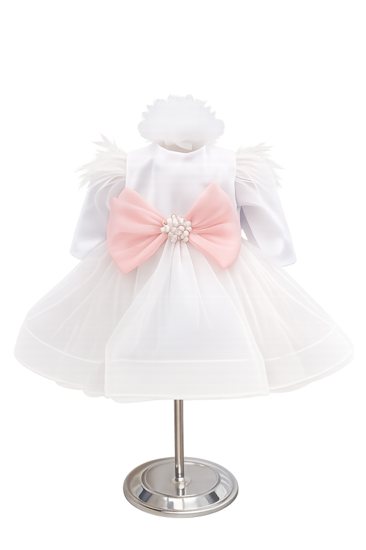 Rochie alba cu funda roz pudra