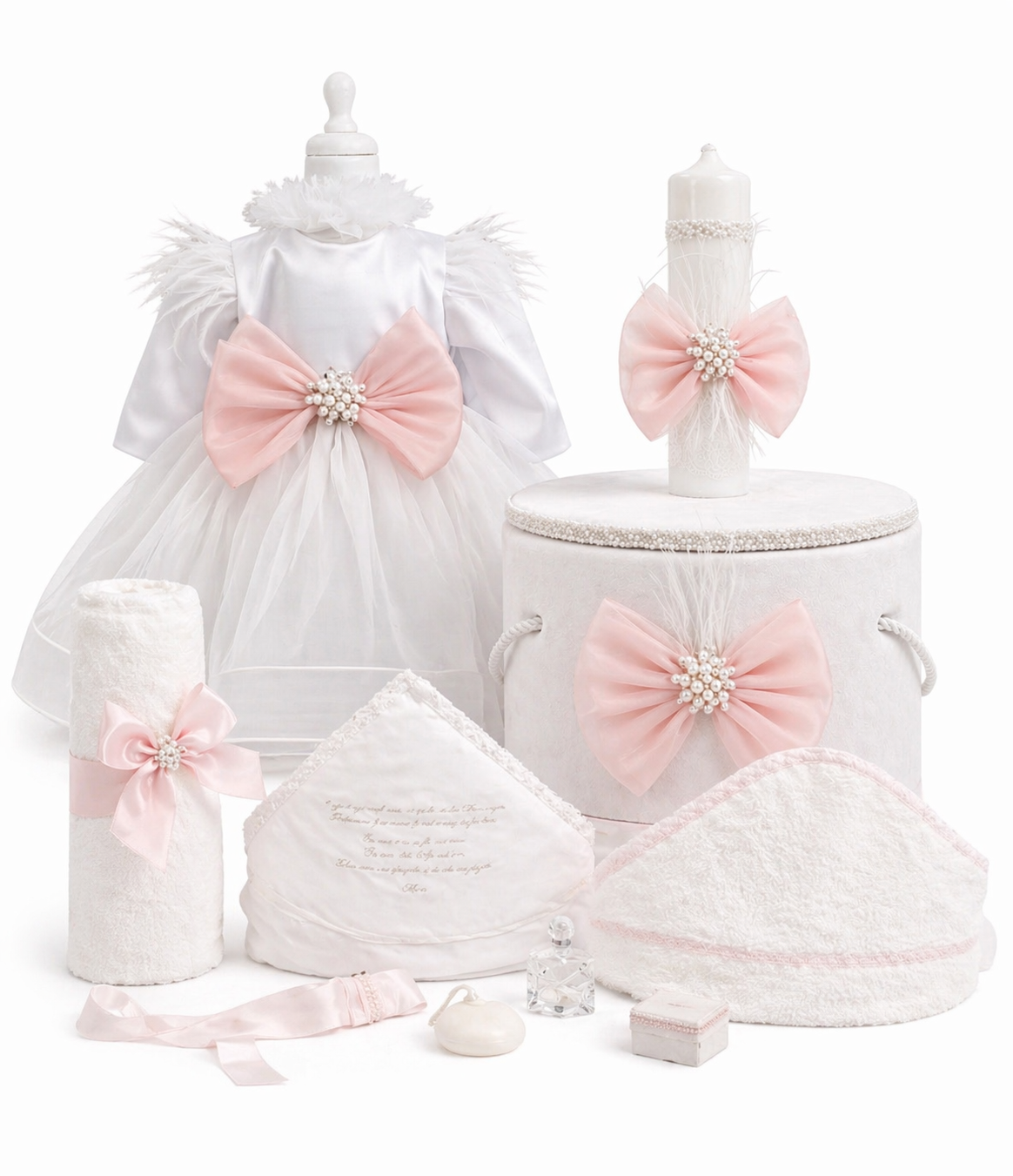 Set botez fata alb cu fundita roz pudra