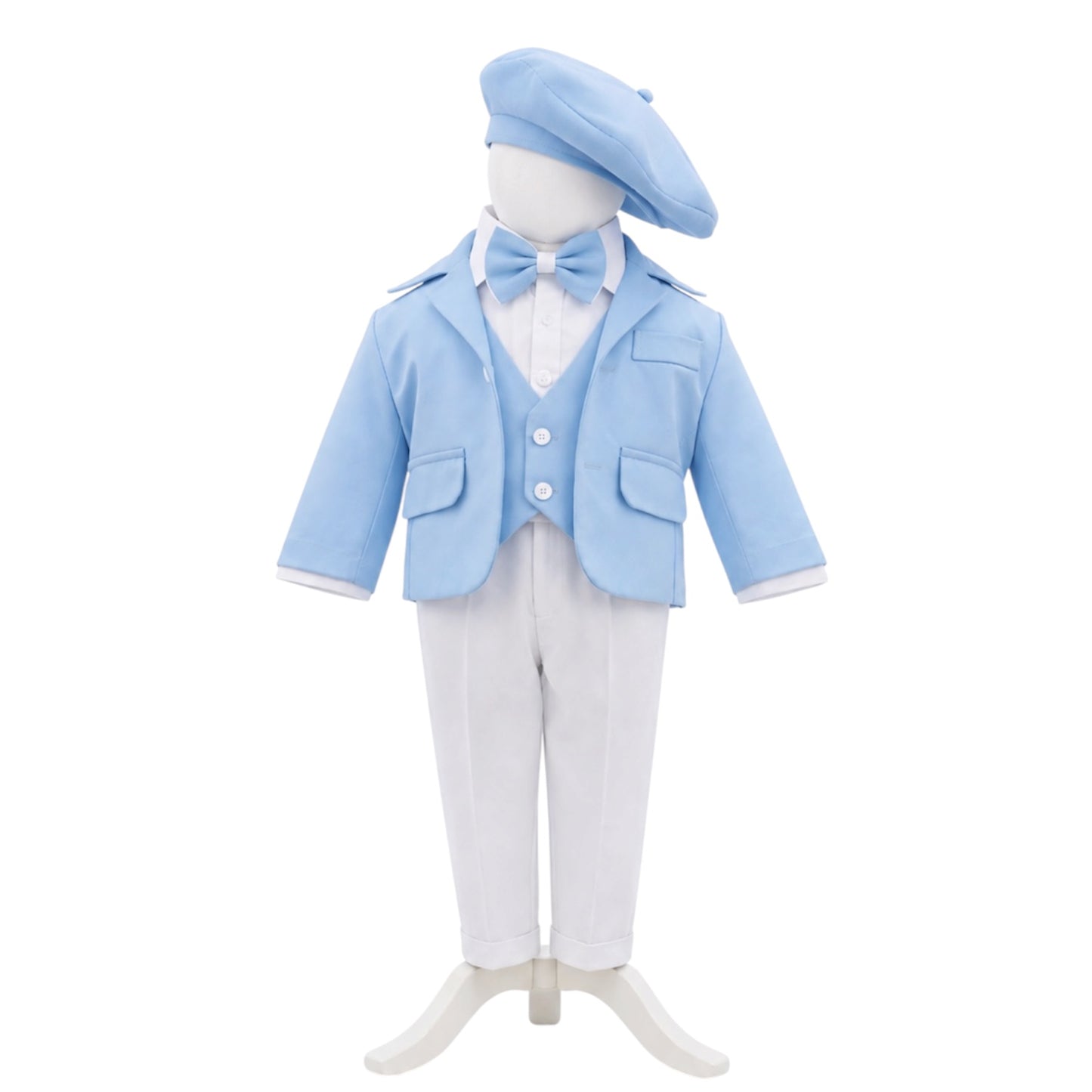 Costum Albastru pentru Botez, 6 Piese, Sacou, Pantaloni, Vesta, Camasa, Caciulita, Papion