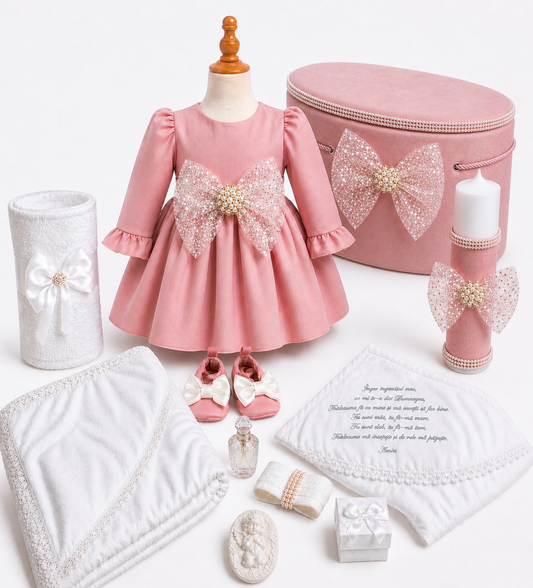 Set botez fetita cu fundiță roz pudra