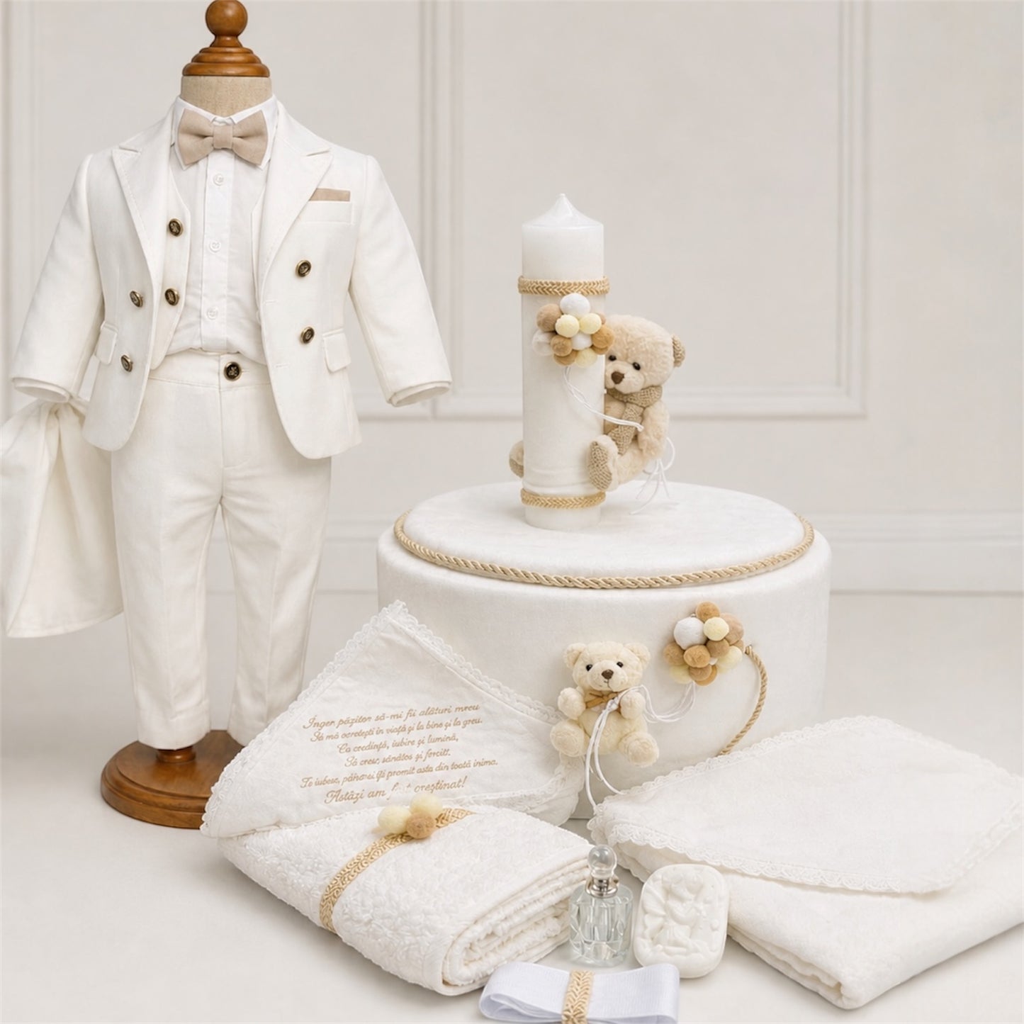Set botez băiețel alb cu ursuleț ( Costum, Trusou,Lumânare)