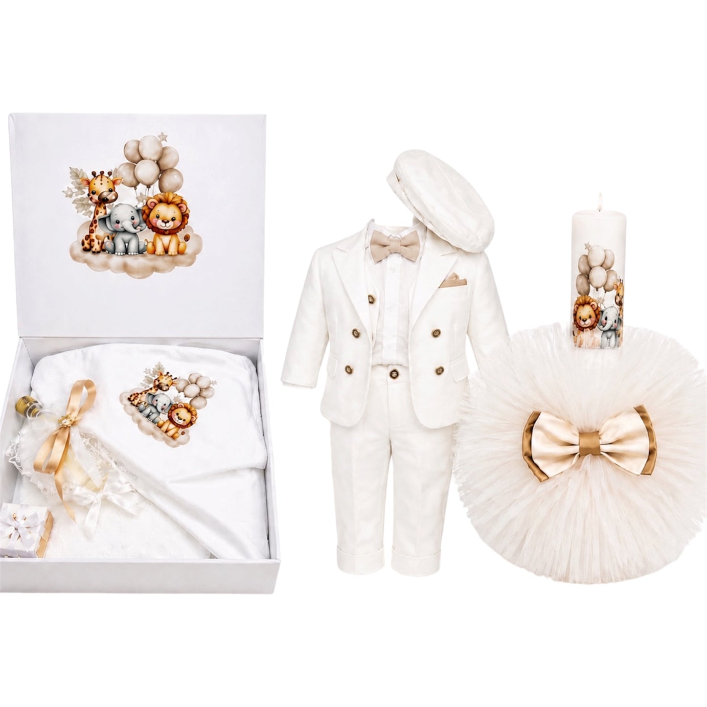 Set botez baietel jungla alb si crem