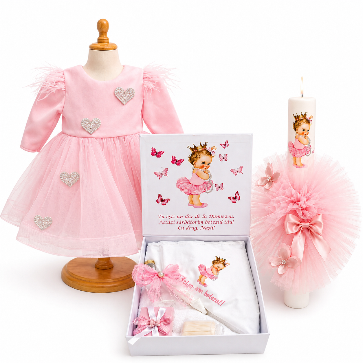 Set botez fetita roz papusica