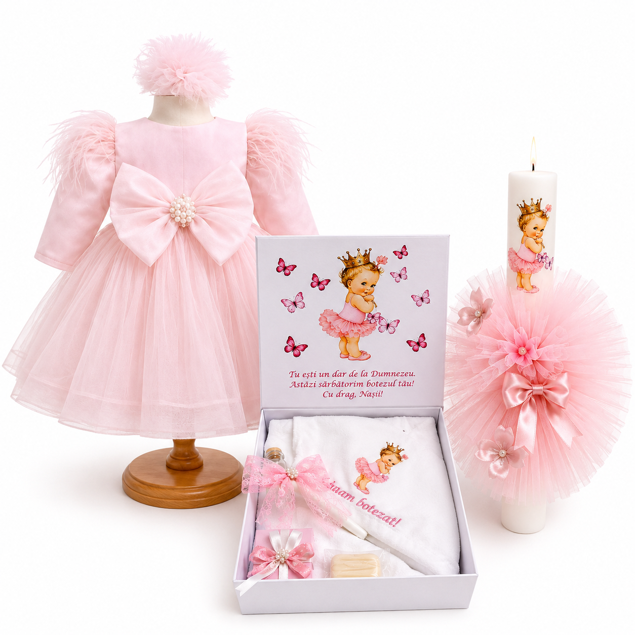 Set botez fetita roz cu funda si balerina