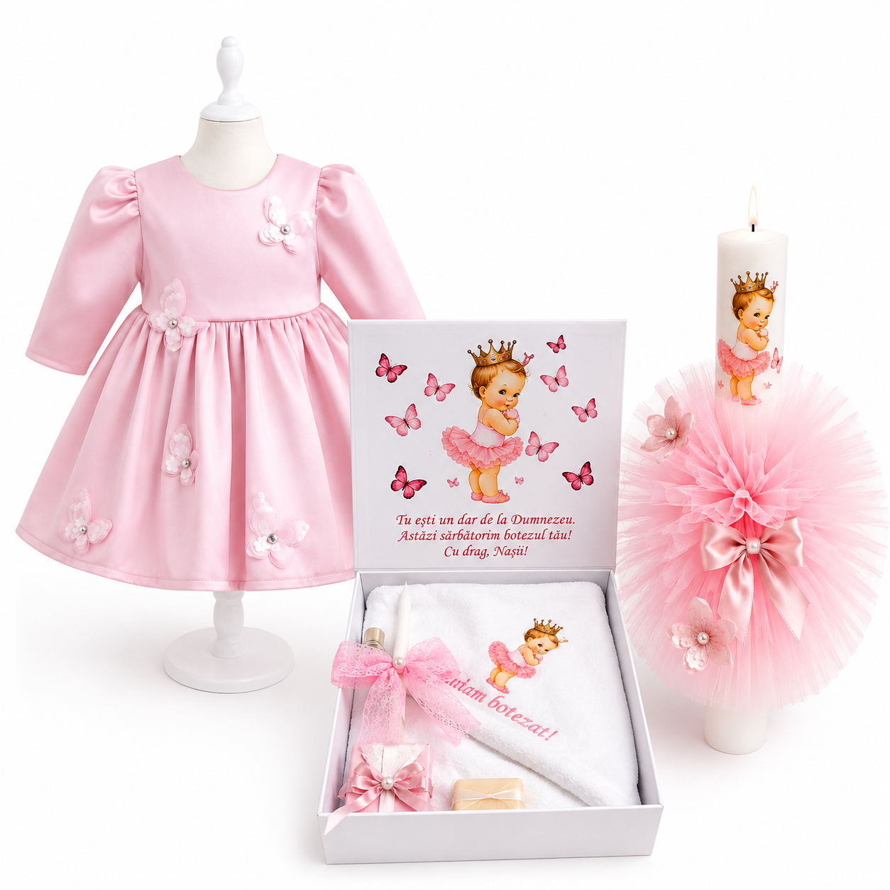 Set botez fetita roz papusica