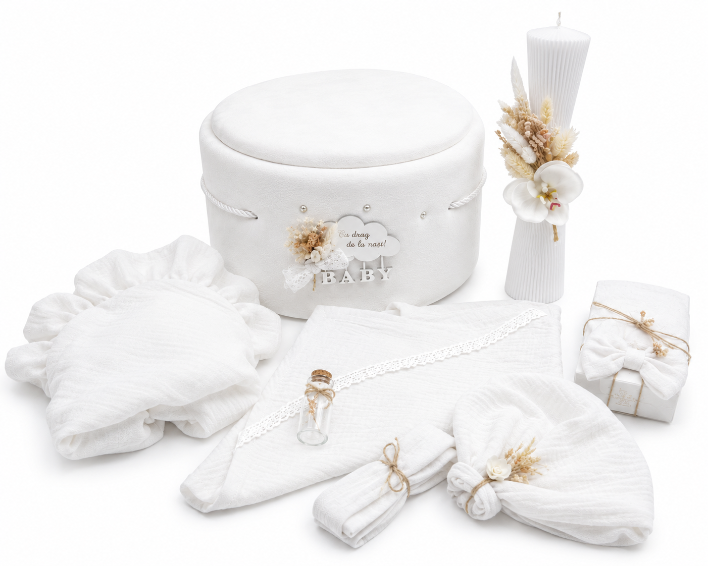 Set botez catifea muselina alba -trusou, cutie , lumânare