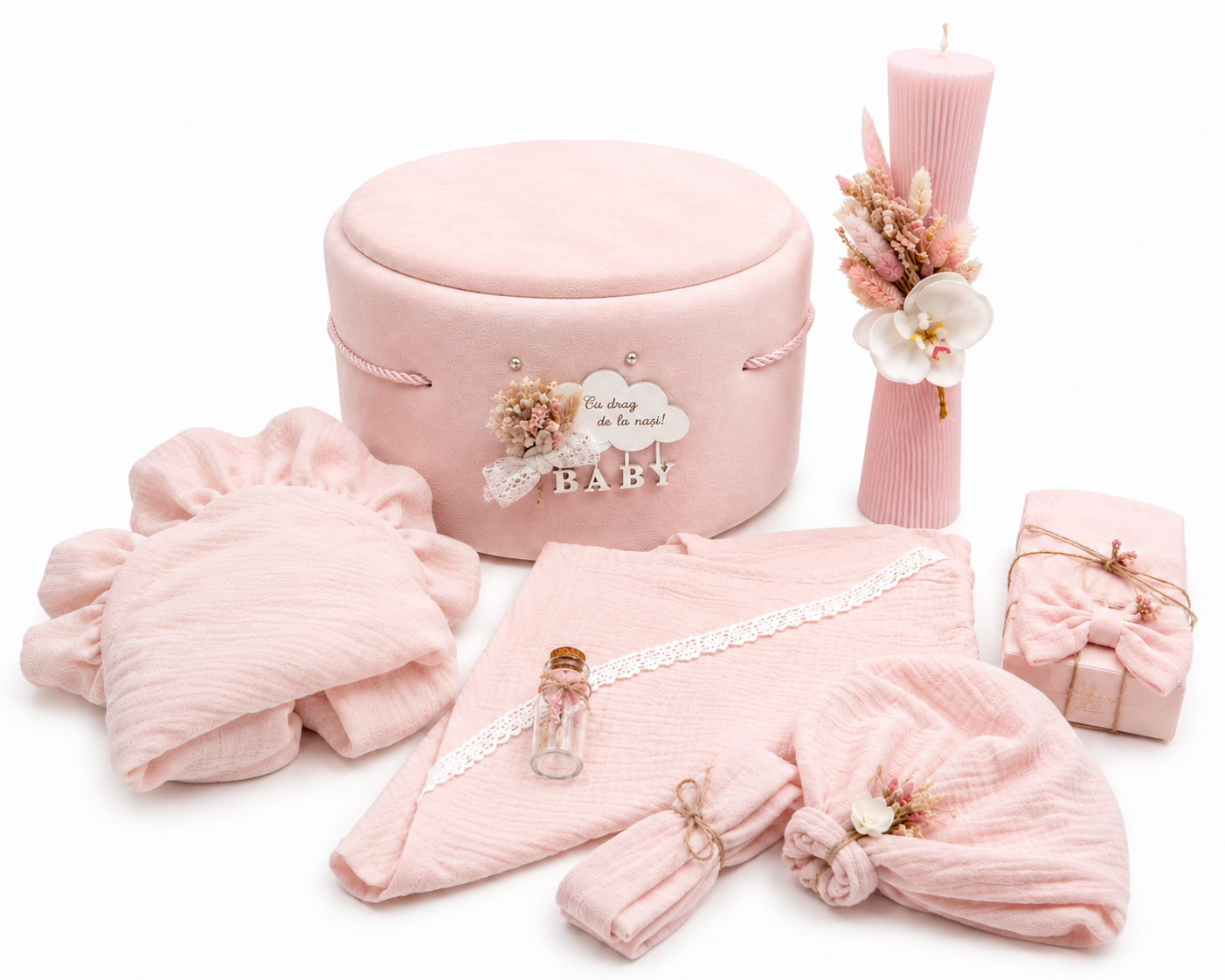 Set botez catifea muselina roz pudra -trusou, cutie , lumânare