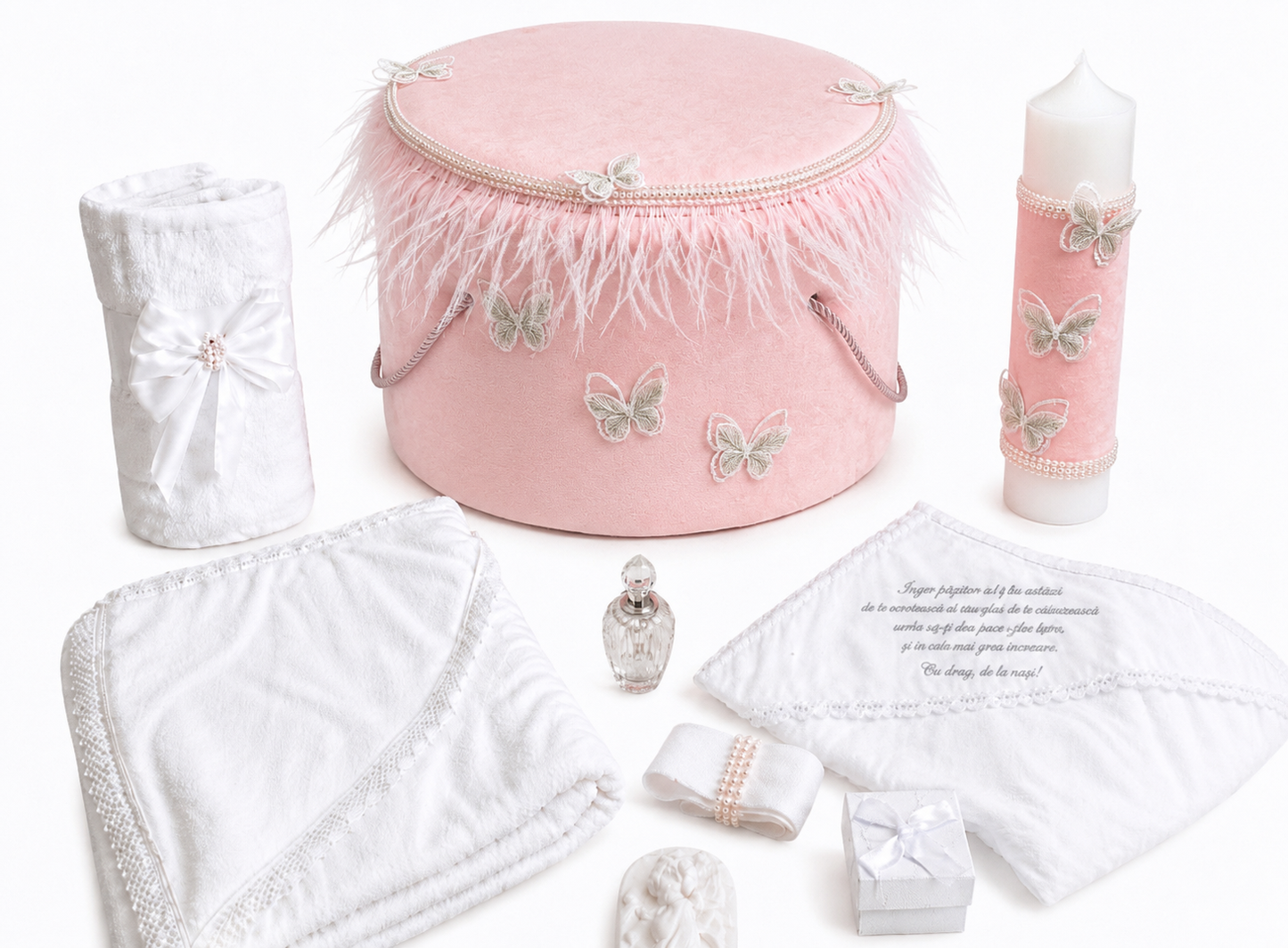 Set botez fluturasi roz -cutie , trusou, lumanare