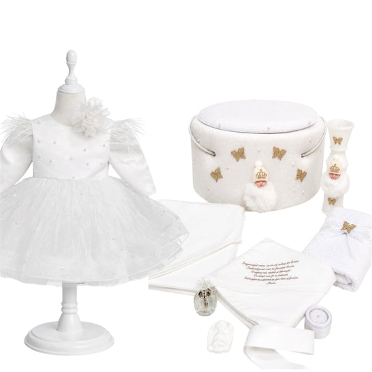 Set botez fetita Alb cu perle