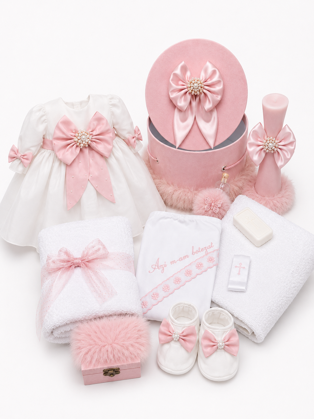 Set botez fetita roz cu funda