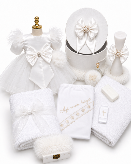 Set botez fetita alb cu funda Luxy