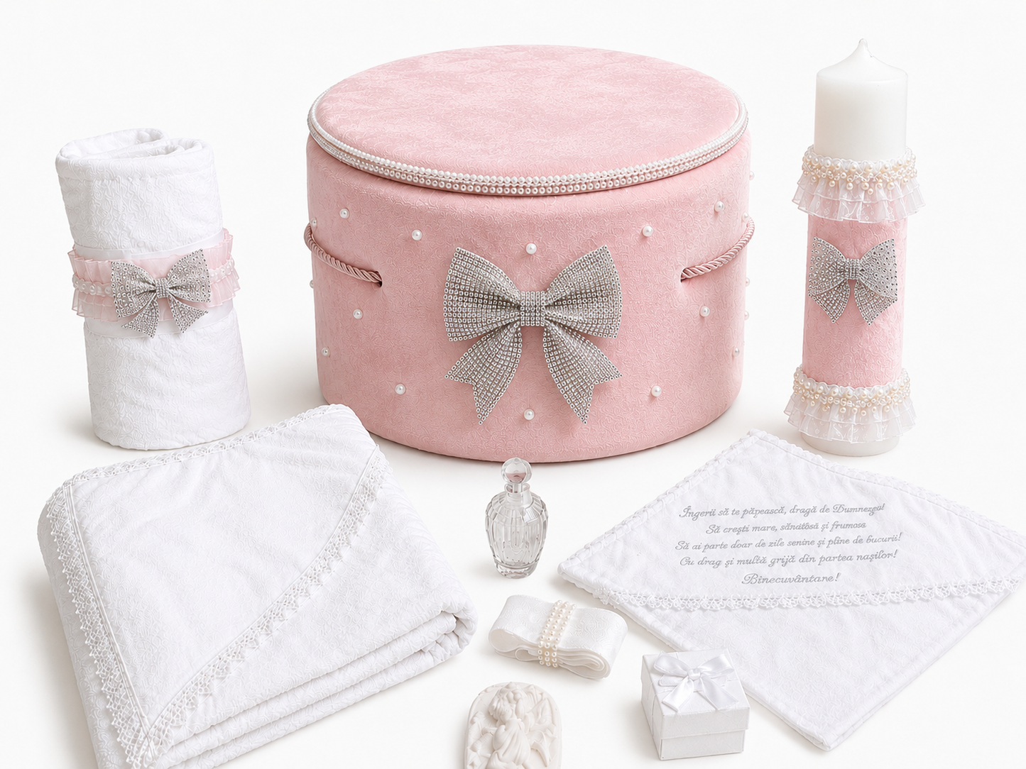 Trusou botez catifea roz pudra funda din cristale