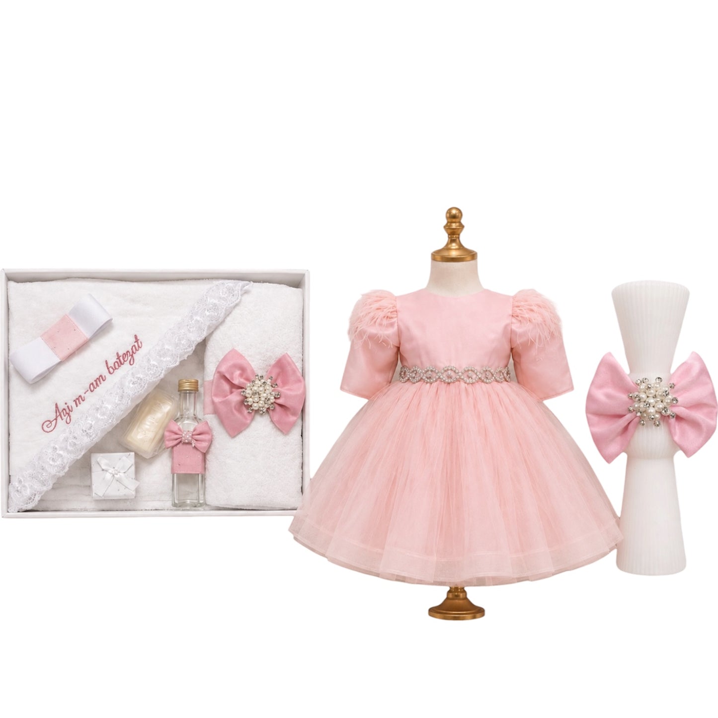 Set botez fetita roz Trusou +lumânare+rochita