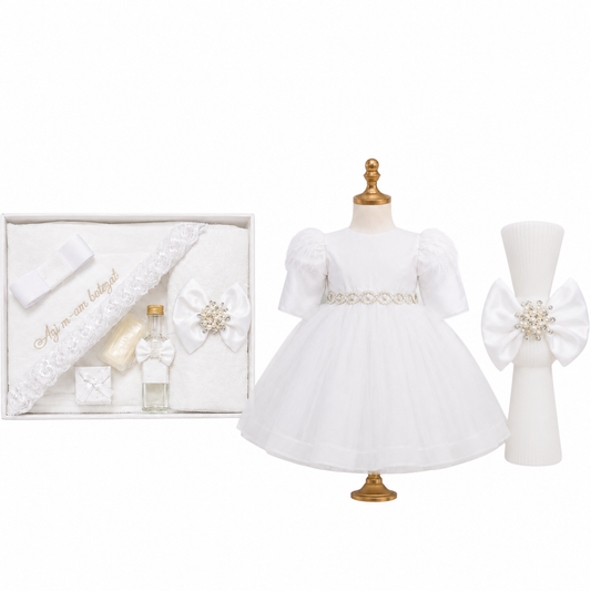 Set botez trusou+lumânare+ rochița  fetita alb