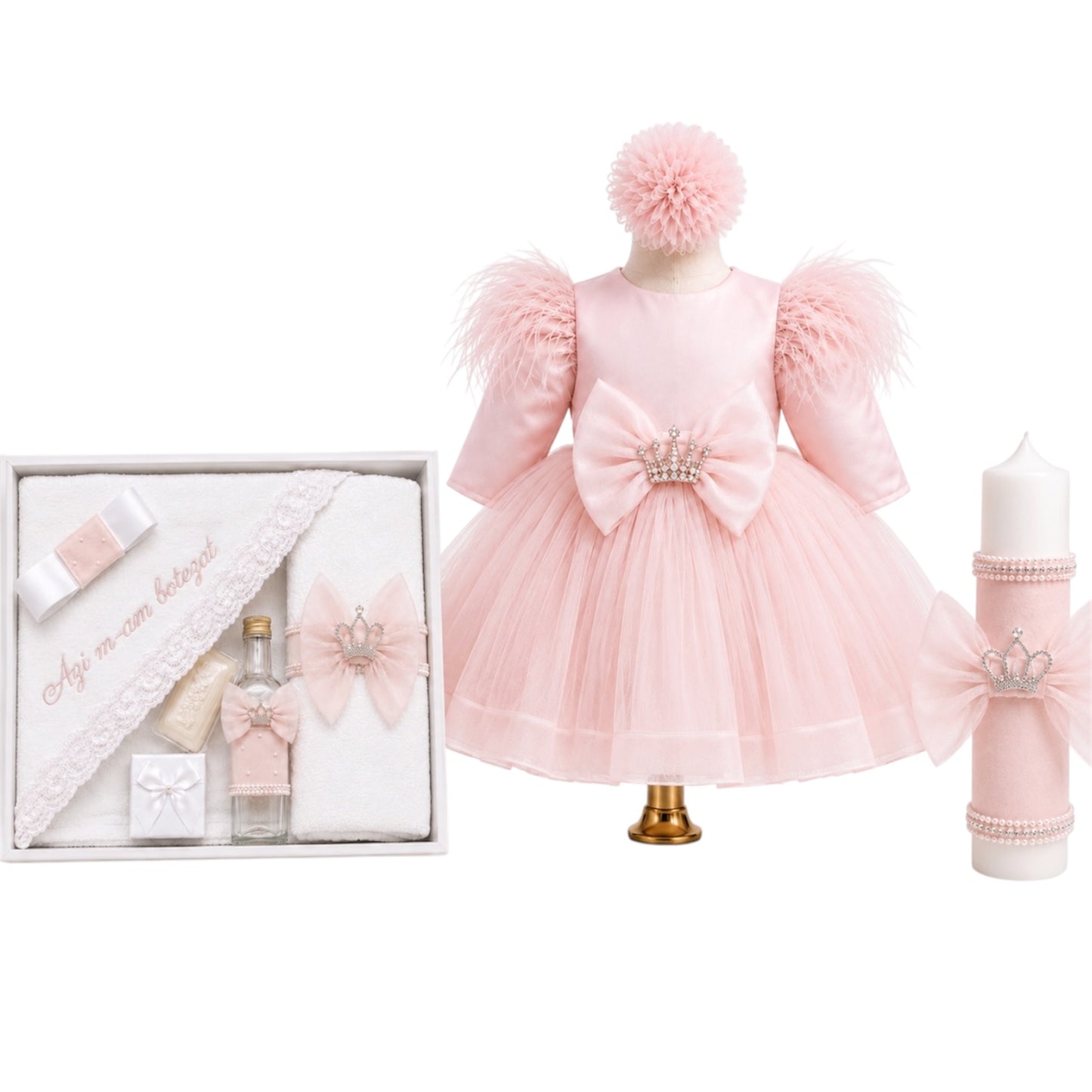 Set botez trusou+lumânare+ rochița  fetita coroana roz pudra