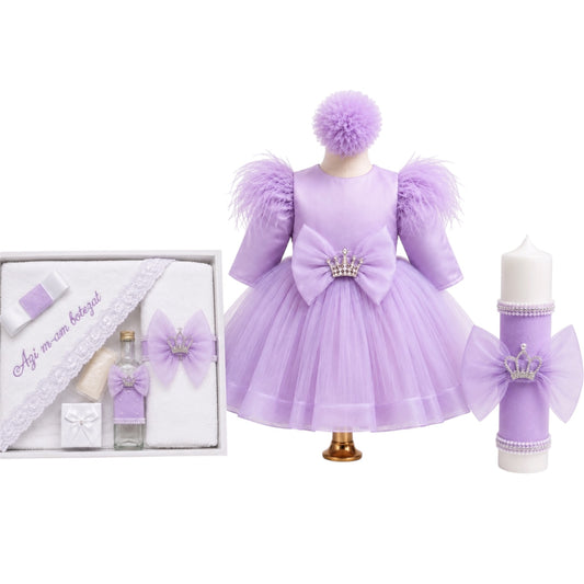 Set botez trusou+lumânare+ rochița  fetita coroana mov