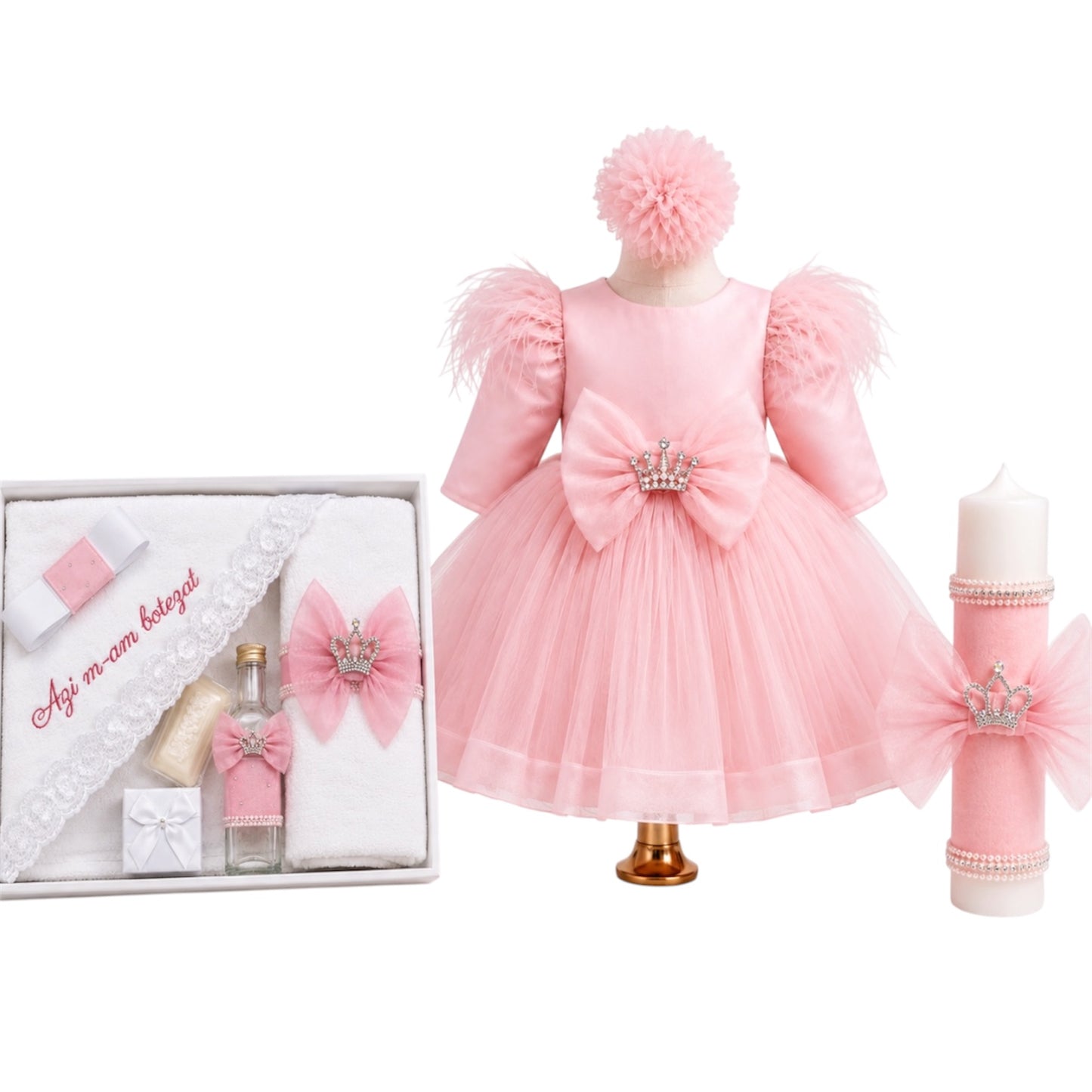 Set botez trusou+lumânare+ rochița  fetita coroana roz