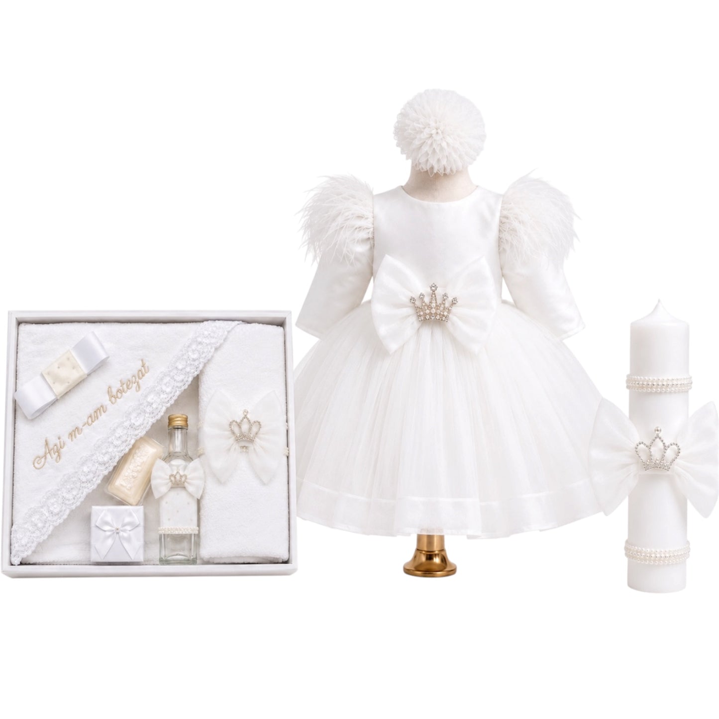 Set botez  alb trusou+lumânare+ rochița  fetita coroana