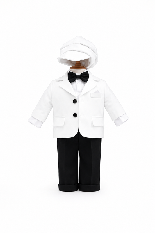 Costum alb pentru Botez, 5 Piese, Sacou, Pantaloni, Camasa, Caciulita, Papion