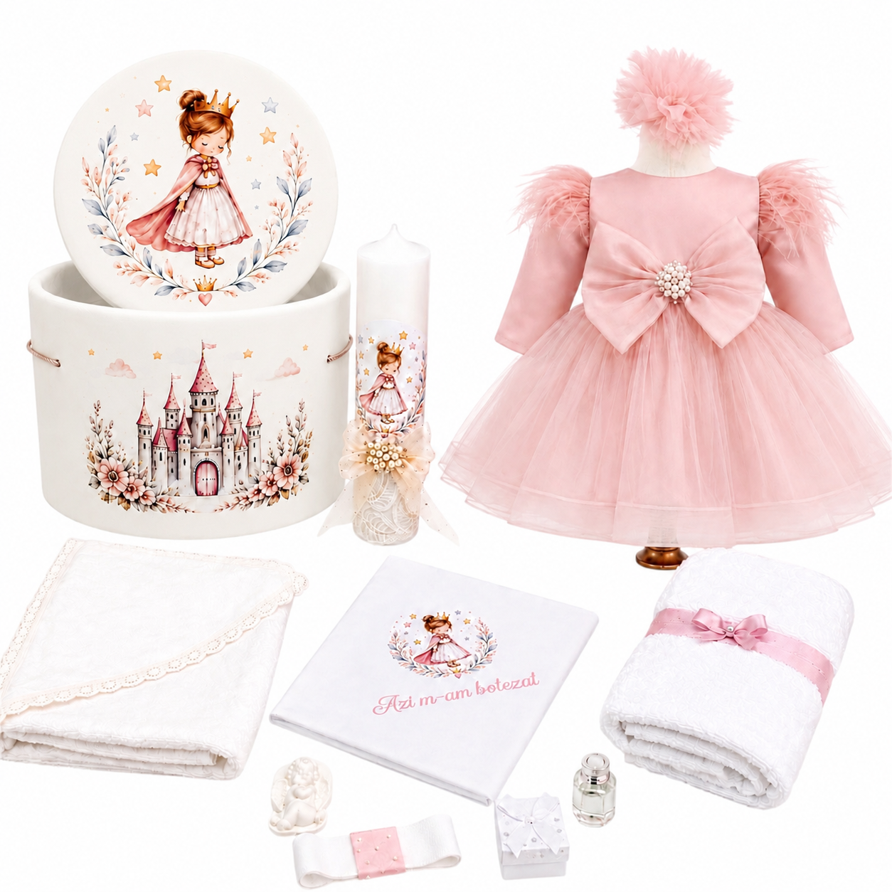 Set botez printesa roz pudra trusou +lumânare+rochita