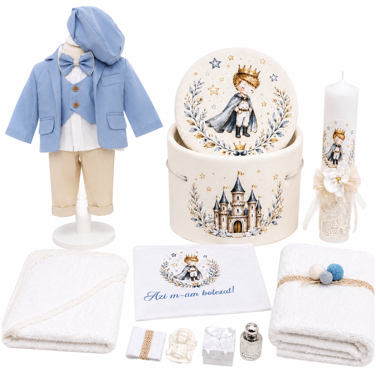 Set botez micul print baby blue cu crem