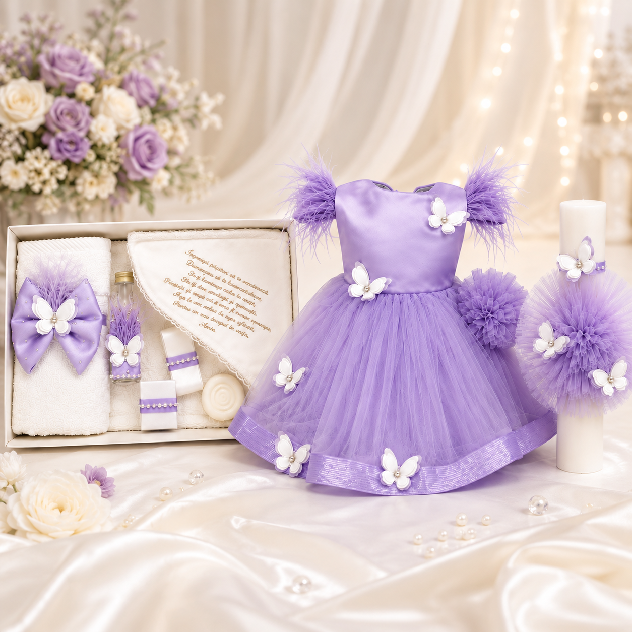 Set botez fetita mov cu fluturași Trusou +lumânare+rochita