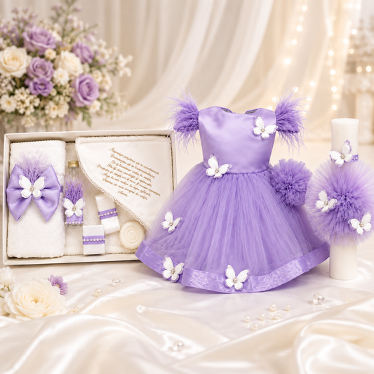 Set botez fetita mov cu fluturași Trusou +lumânare+rochita