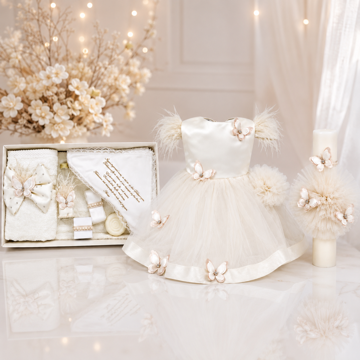 Set botez fetita ivoir/crem cu fluturași Trusou +lumânare+rochita