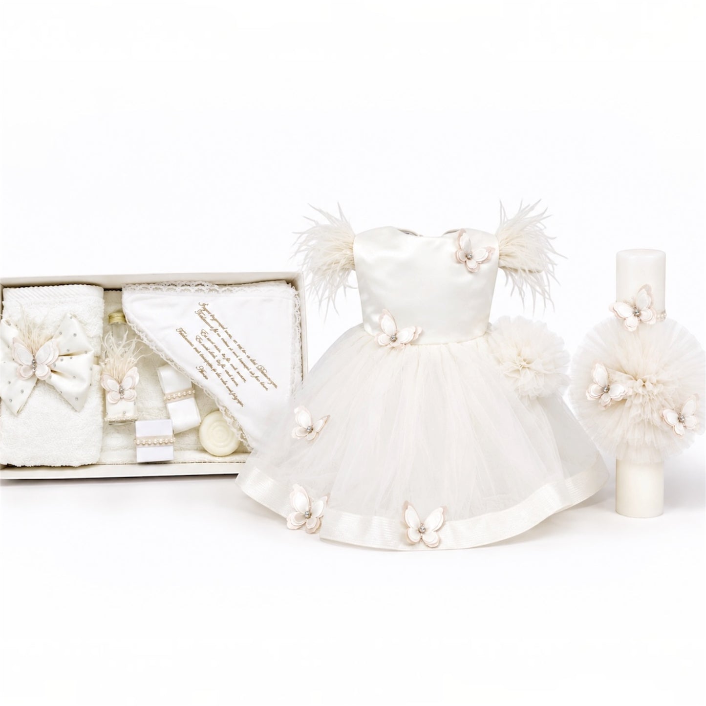 Set botez fetita alb  cu fluturași Trusou +lumânare+rochita