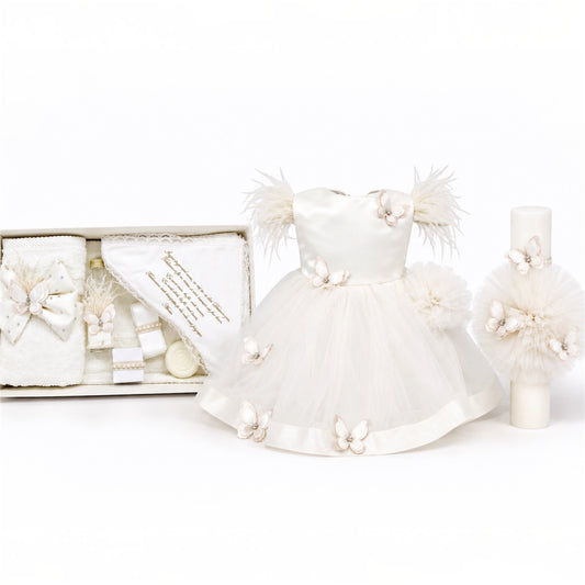 Set botez fetita alb  cu fluturași Trusou +lumânare+rochita