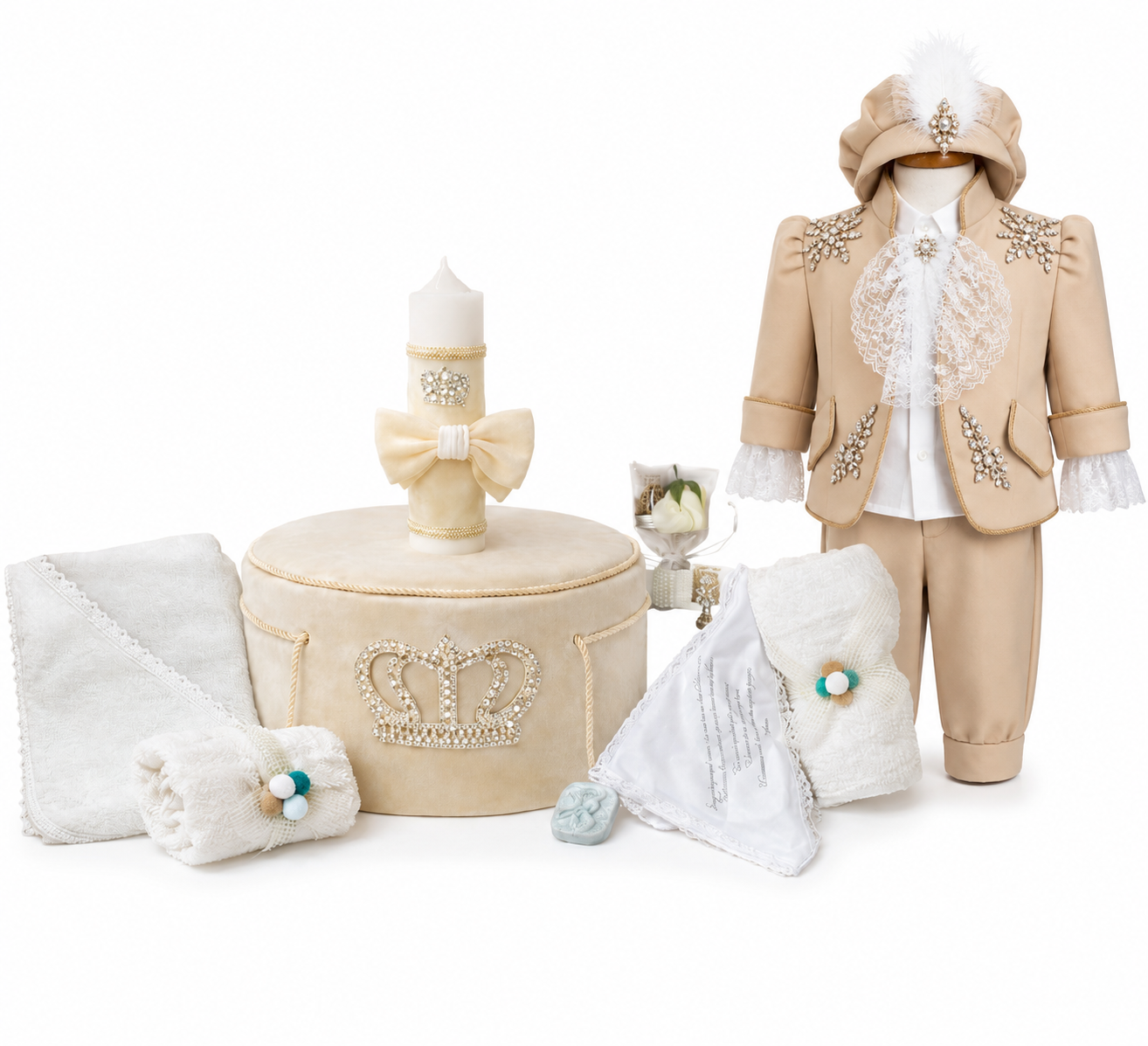 Set de botez „Micul Prinț” în nuanțe de crem, accesorizat cu pietre elegante