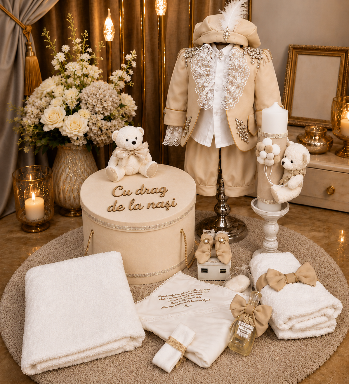 Set de botez „Micul Prinț” în nuanțe de crem, accesorizat cu pietre elegante