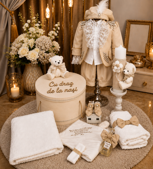 Set de botez „Micul Prinț” în nuanțe de crem, accesorizat cu pietre elegante