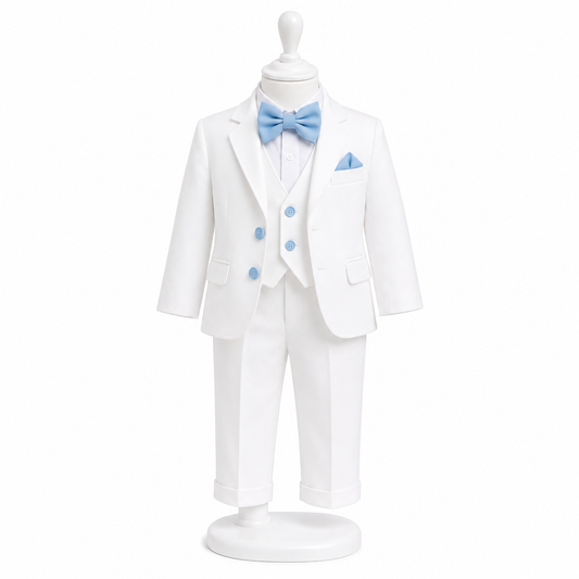 Costum botez alb cu albastru