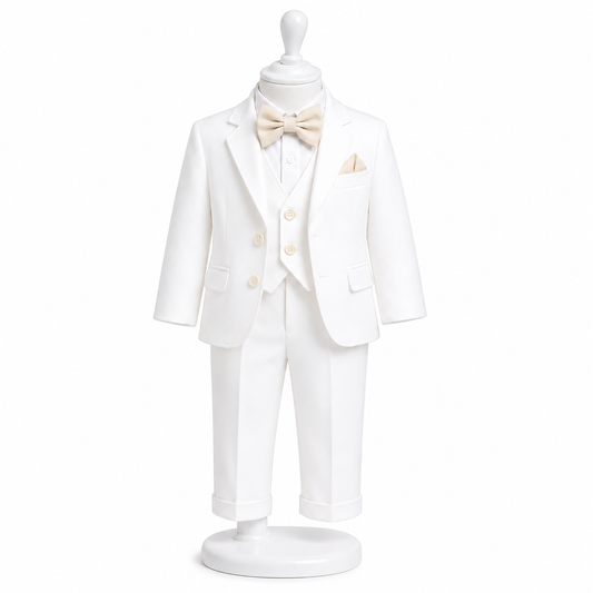 Costum botez alb cu crem