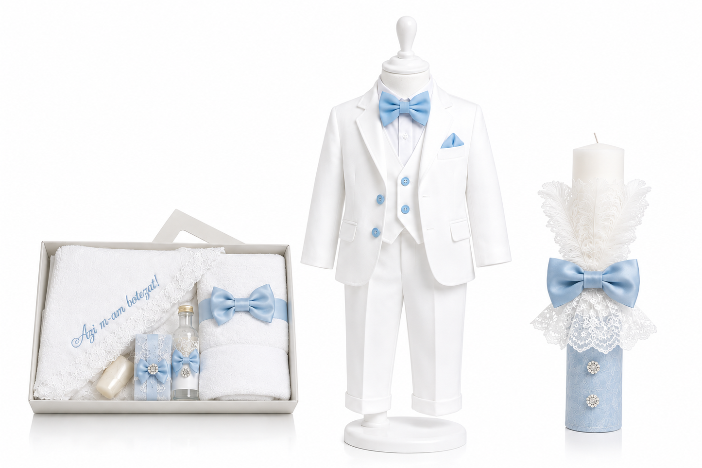 Set botez baietel baby blue cu alb