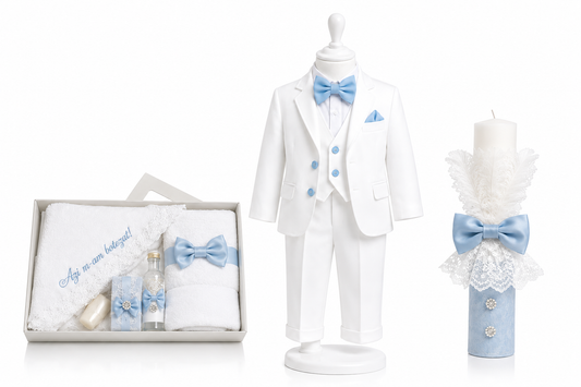 Set botez baietel baby blue cu alb